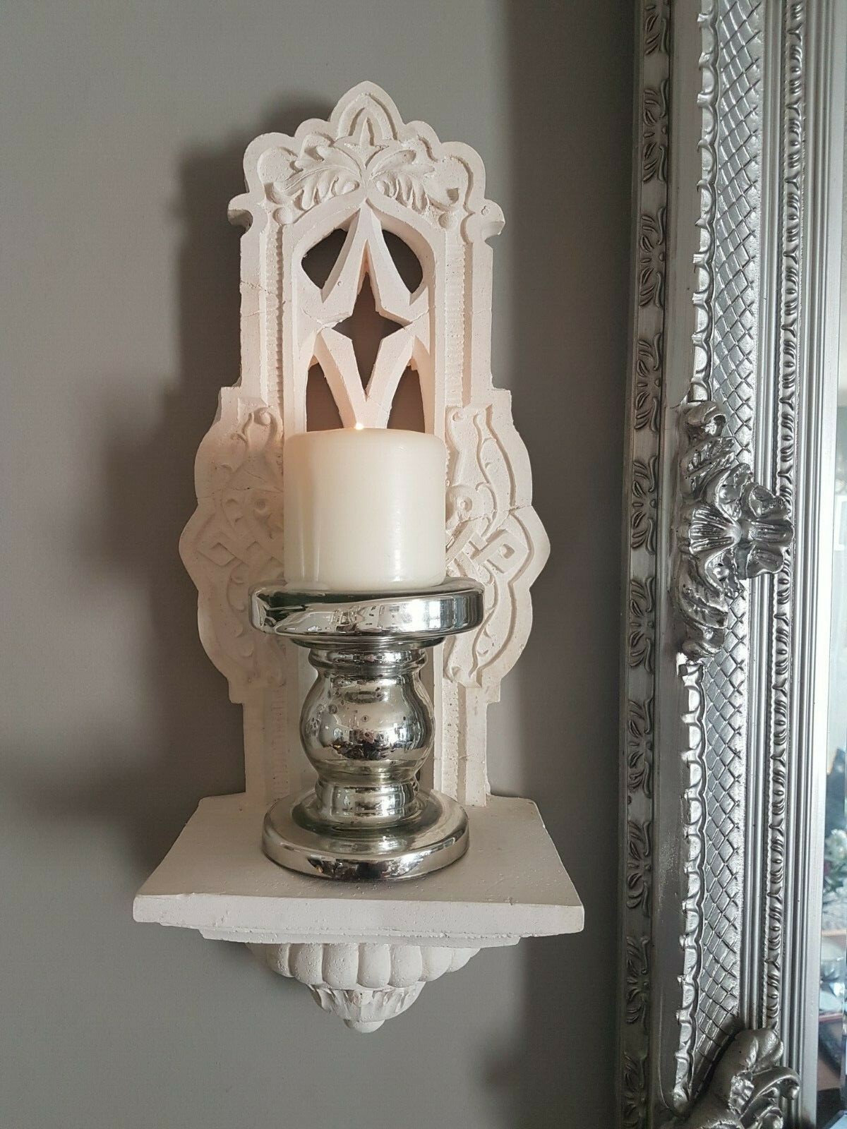 Architectural Ornate Gothic Candle Holder Plaster Wall Decor Plaque