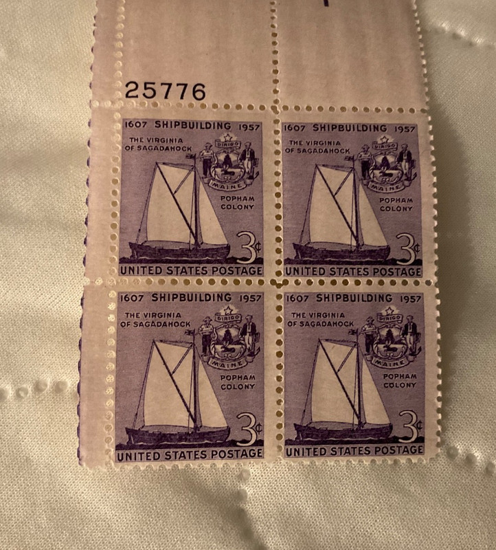 Plate Block of 4 stamps - Scott 1095 - 3 cent - Shipbuilding - 1957 - MNH