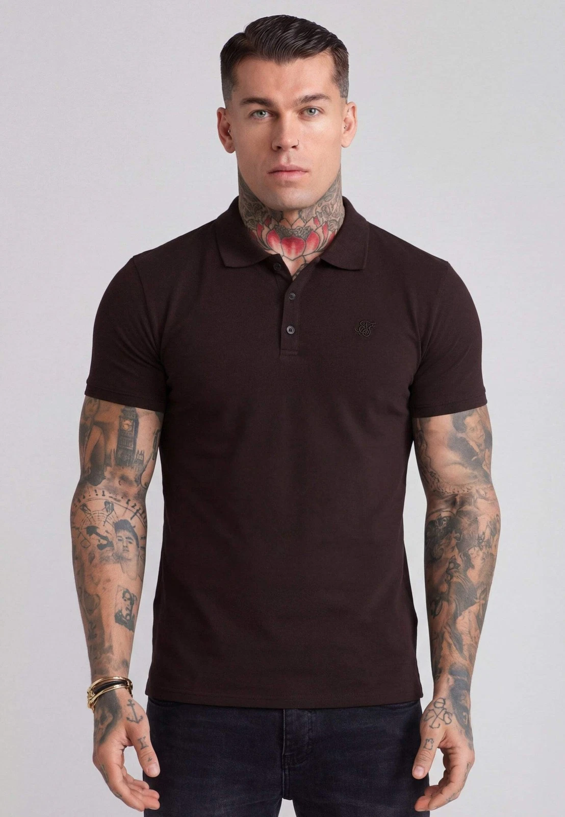 SikSilk Men's Short Sleeved Muscle Fit Polo T-Shirt Tee Dark Brown