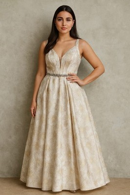 NWT royal queen size 14 deep V Maxi gown Gold Floral pageant Prom Evening dress