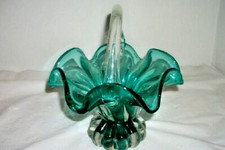 Handblown Italian Murano Glass Basket Green Clear Ruffled Melon Base MCM