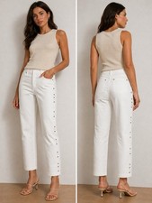 Escada Embossed White Pants EU 40 US 8 Ankle Grommet Detail Designer