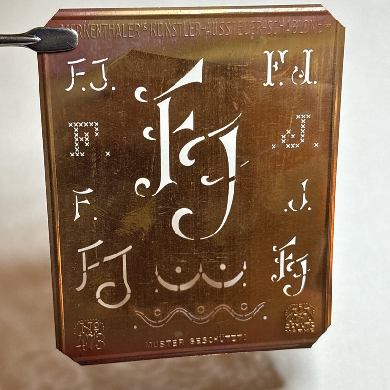 FJ F J monogram initials letters copper stencil antique family tree name sign