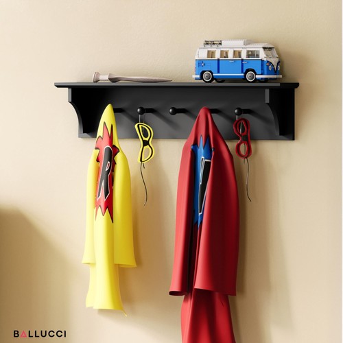 Ballucci Floating Coat and Hat Wall Shelf Rack, 5 Pegs Hook, 24", Black - Picture 2 of 9
