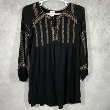 Knox Rose Embroidered Dress Womens Size L Black Bohemian Sundress Tie Neck.