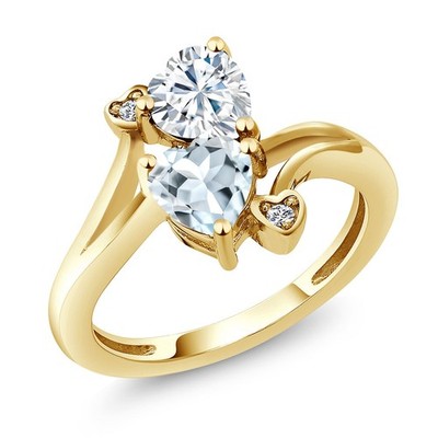 18K Yellow Gold Plated Silver White Moissanite Aquamarine and Diamond Ring For