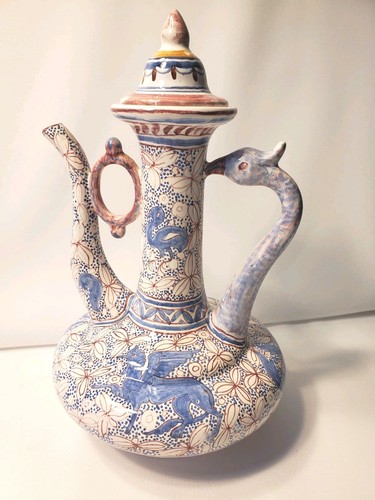 Vintage Berardos Portugal Handpainted Signed Ewer Teapot Vase Floral Animals 11"