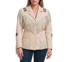 Women Western Cowgirl Suede Leather Fringe Jacket Native Bone Beads Cream