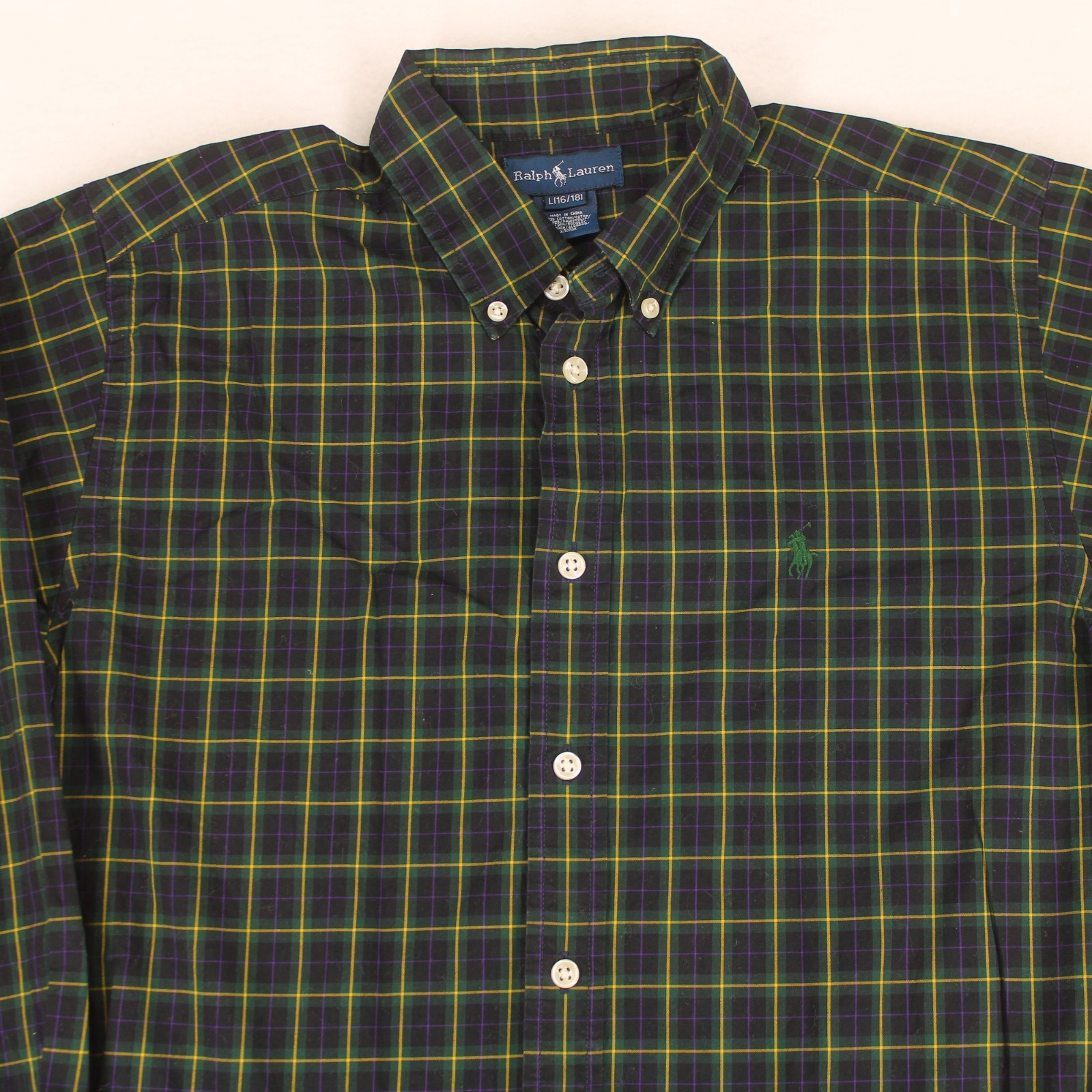 POLO RALPH LAUREN Vtg 90s Blue Plaid Btn SHIRT Youth Large 16-18