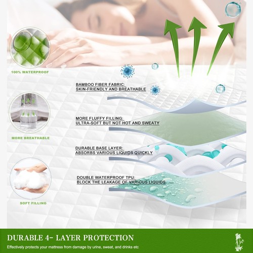 Twin XL Mattress Pad Waterproof Rayon Made from Bamboo, Fitted Deep Pocket Ma... - Picture 3 of 7
