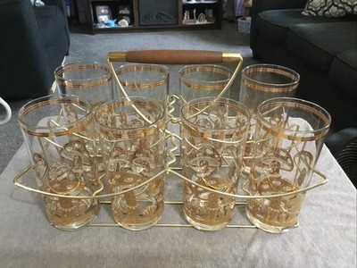 8 Culver MCM 22K Gold Applied Mushroom Highball Glasses With Holder