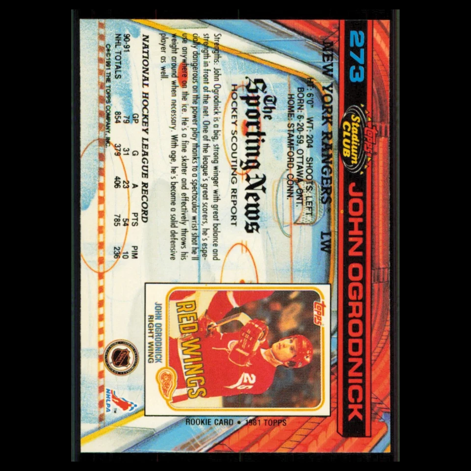 John Ogrodnick #273 1991 Topps Stadium Club New York Rangers Hockey Card NHL NM - Image 2 of 3