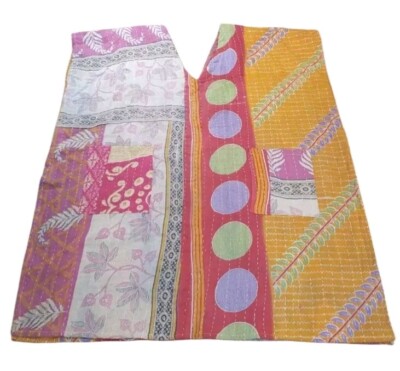 Kantha Patchwork Kimono V-neck Poncho Top Colorful Patch Pockets Woman One Sz #E
