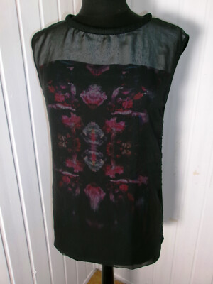 Cop Copine MAUBERT Top Tunika schwarz ärmellos S 36/38 Mesh gefüttert Blumen