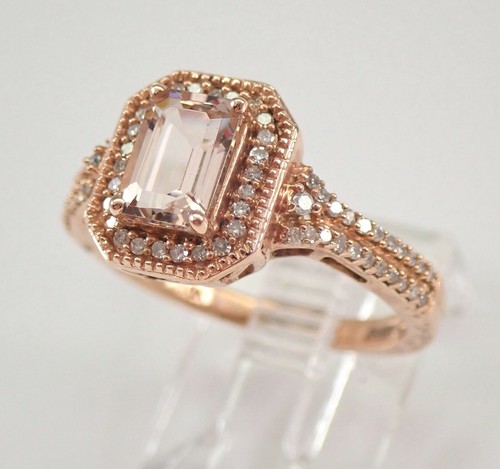 Emerald Cut Morganite and Diamond Halo Engagement Ring Rose Gold Size 7 - Picture 3 of 7