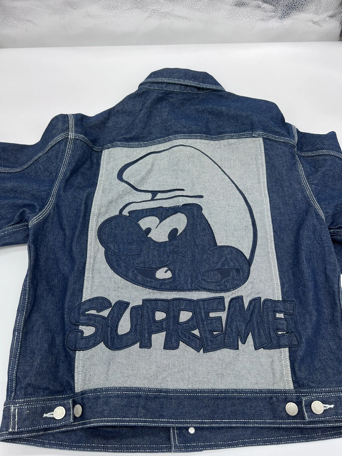 Veste de camionneur en denim SUPREME SMURF bleu taille moyenne EN MAIN Schtroumpfs neuve RAPIDE