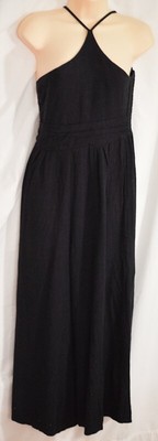 women's black romper size small elastic back pockets halter neckline adj straps