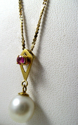 18K Gelbgold 9,5mm PERLE 0,11CT RUBIN Hänger ANHÄNGER SLIDER VINTAGE 1,9gr