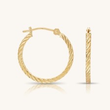 14K Yellow Gold Twist square Hoop Earrings   Real Solid Gold Hoops 16mm to 35mm