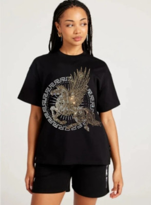 New Women Luxury Diamond Horse Rhinestones Black White T-Shirt High Quality