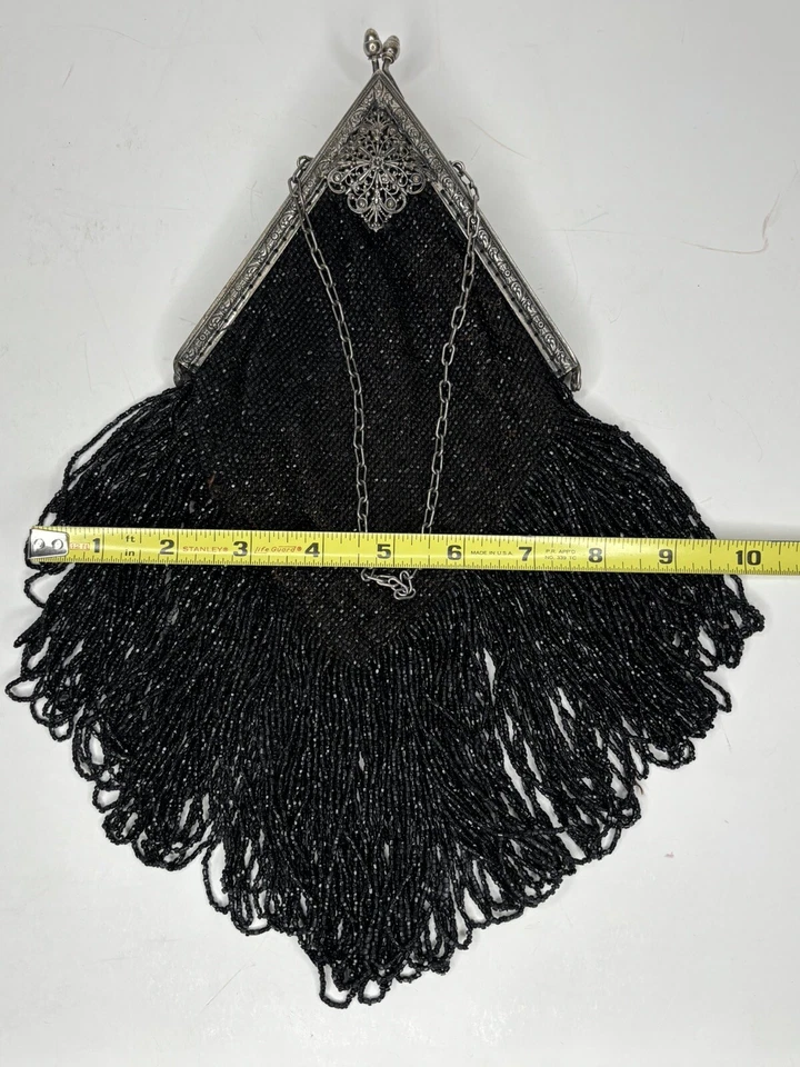 1920-х годов Flapper сумочки ар-деко черный бисер бахрома с подкладкой металлическая рама треугольный - Изображение 2 из 4