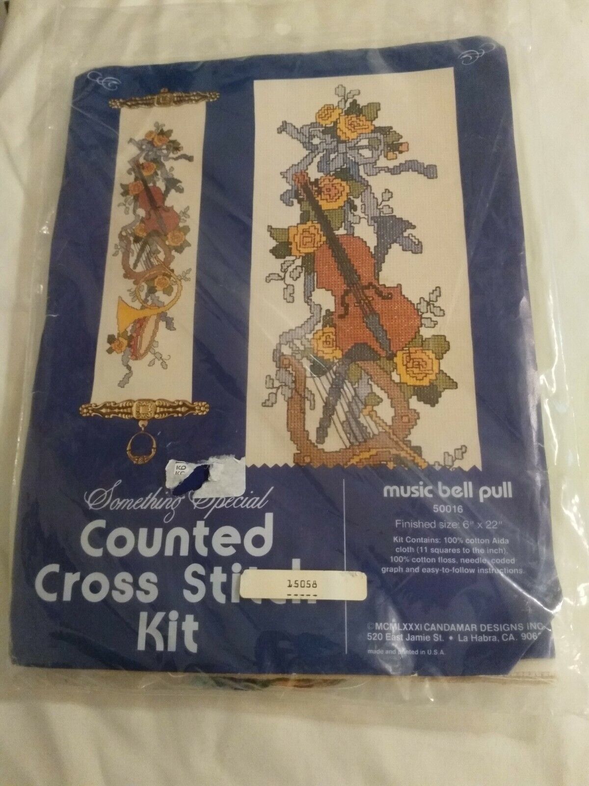 Music Bell Pull Counted Cross Stitch Kit Vintage NEW Sealed Violin Harp 6x22"