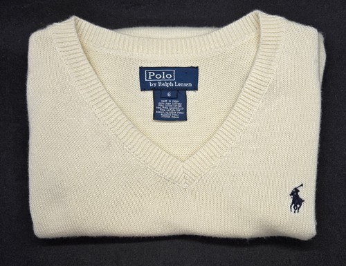 Vintage Polo Ralph Lauren Sweater Vest Boys6 Cream Blue Pony Sleeveless Pullover - Picture 6 of 6