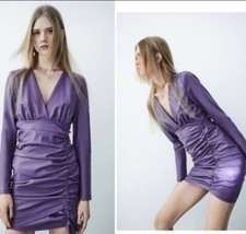 Zara purple faux leather rushed long sleeve mini dress size XS NWT