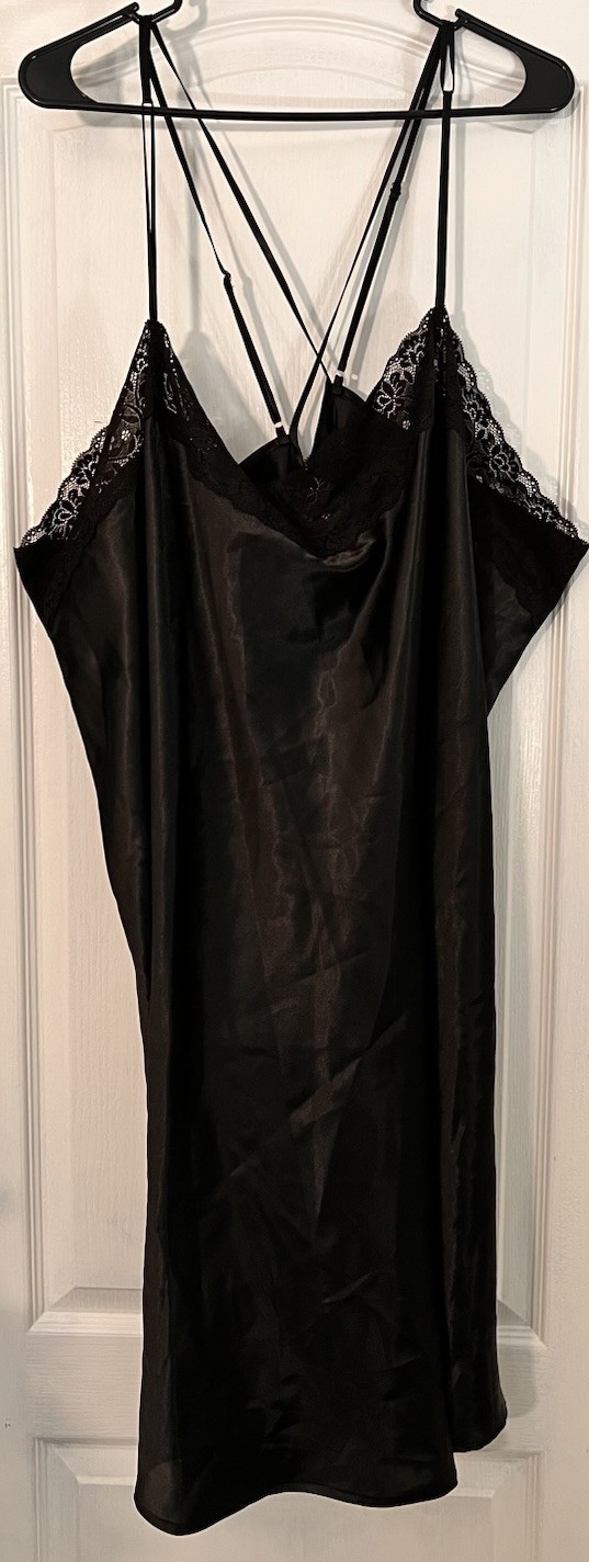 Amoureuse Black Satin Lace Chemise Strappy Back Nightgown Lingerie 3X