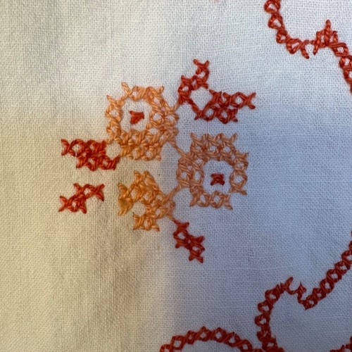Linen Hand Cross Stitched Tablecloth 56" x 44" Orange Flowers Vintage Imperfect - Picture 8 of 9