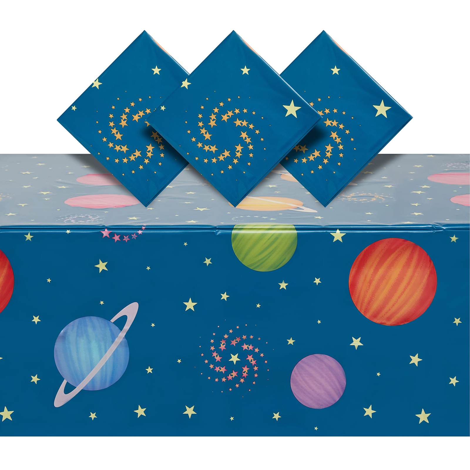 3 Pack Plastic Outer Space Tablecloths, 54" x 108", Blue Wit