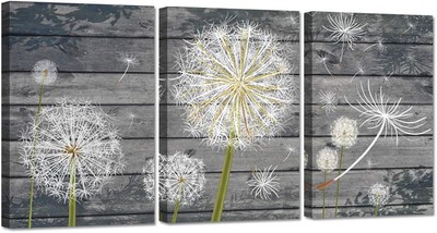 Zlove Vintage Dandelion Canvas Wall Art, Grey & White Floral, 16x24in 3pc Set, R