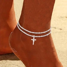 Silver Cross Anklet for Women Dainty Beach Jewelry Gift for Her