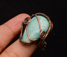 Amozonite Gemstone Copper Wire Wrapped Handmade Jewelry Ring Size 8