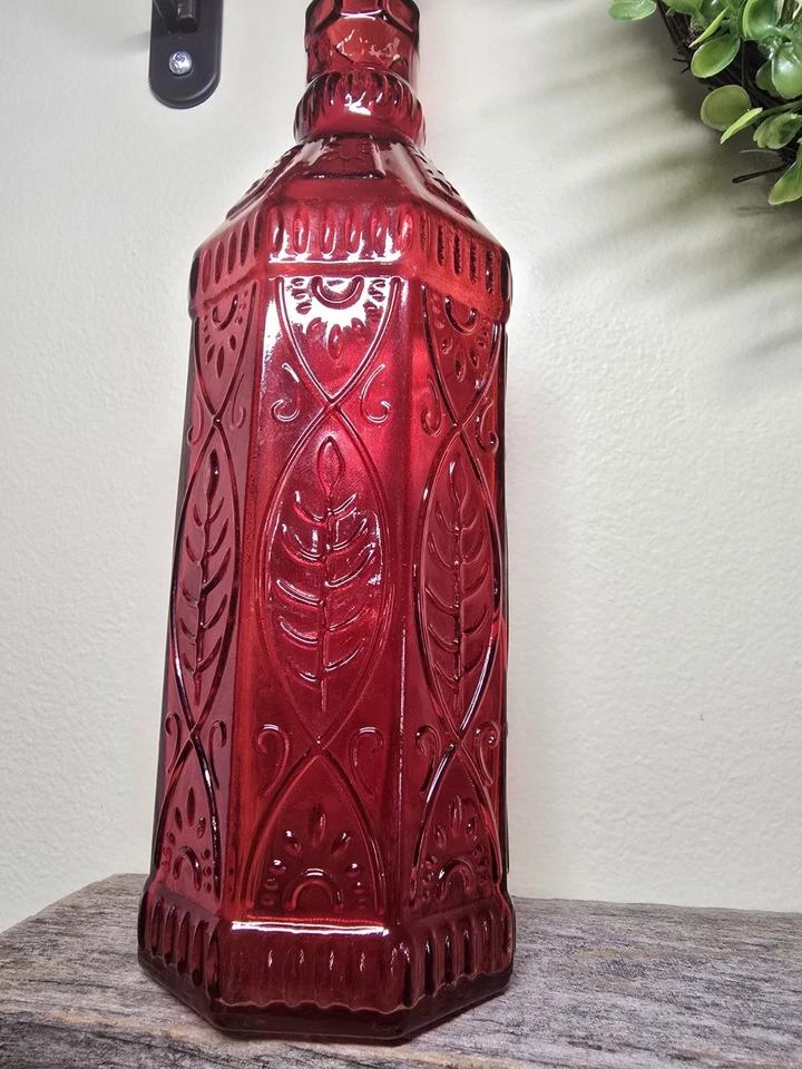 2 DE BOTELLAS DECORATIVAS DE VIDRIO ROJO Y TRANSPARENTE 12" DE ALTO Foto 3 de 4