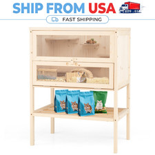 31.5" Wooden Hamster Cage with Flip Mesh Roof Bottom Storage Shelf Multi-Level