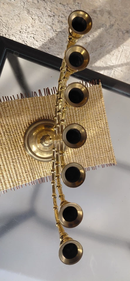 Ancien Grand Chandelier Menorah 7 Branches En Laiton. - Photo 4/4