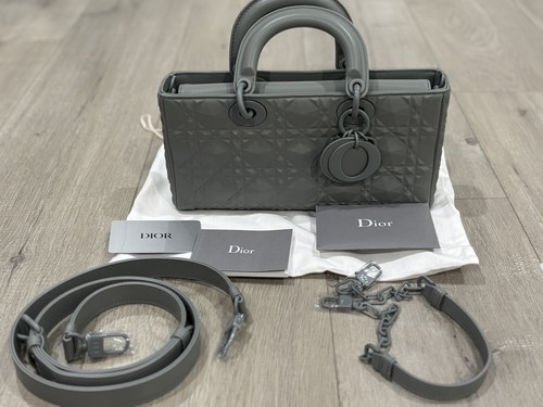 DIOR Lady D-Joy Horizontal Medium 26cm Grey Calfskin Crossbody Bag