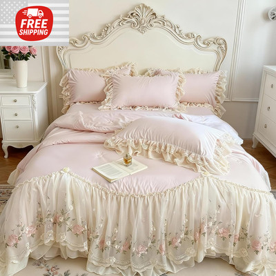 French Chic Bedding Set 4-Piece Romantic Lace Trim Washed Cotton Duvet Cover