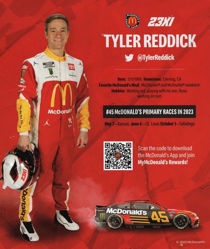 AUTOGRAPHED 2023 Tyler Reddick #45 McDonalds Toyota Team OFFICIAL HERO CARD (23X - Picture 2 of 2