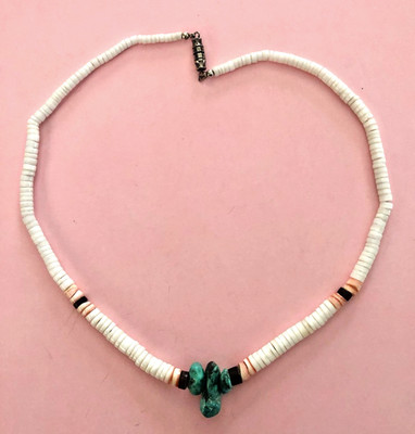 VTG Southwest Native BEADED NECKLACE Turquoise Nuggets & White Heishi Beads 18''