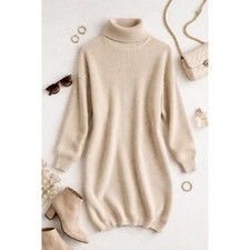 Nasty Gal Women's Tan Ribbed Dress Size S Long Sleeve Turtleneck