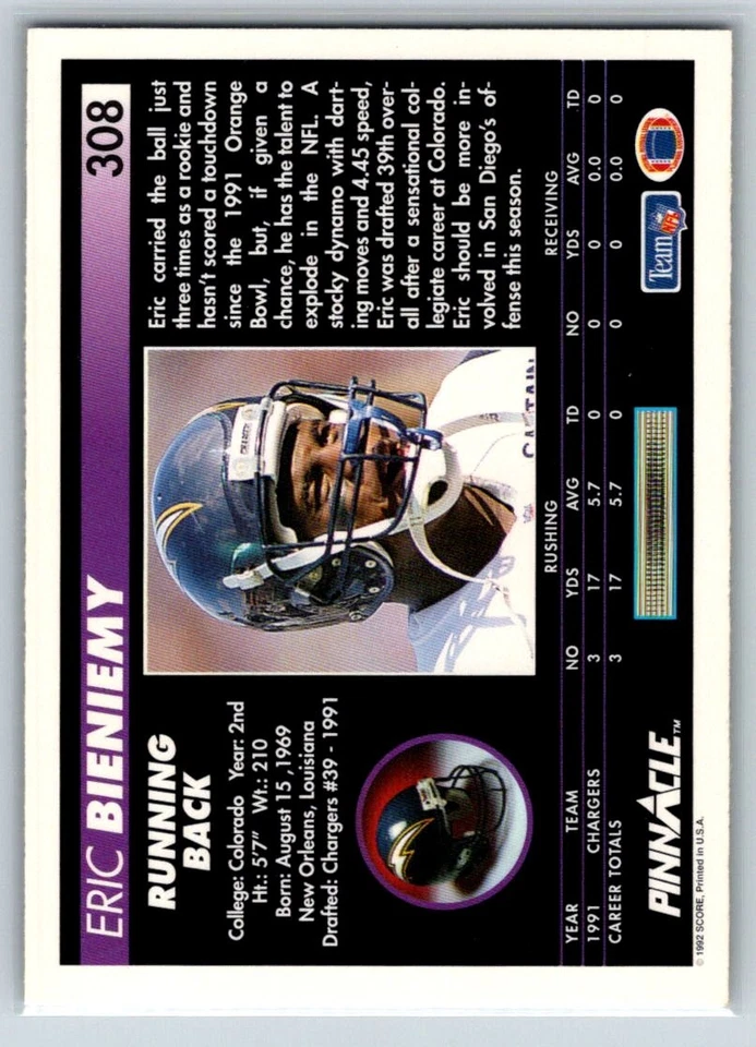 1992 Pinnacle #308 Eric Bieniemy San Diego Chargers - Image 2 of 2