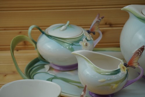 Franz Butterfly Tea Set-12 Pc Tray-Teapot-Creamer-Sugar-Cup & Sauces Spoon (S43) - Picture 10 of 22