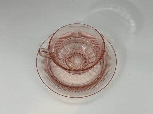Set tazza da tè e piattino vintage anchor hocking coronazione rosa depressione - Foto 8 di 8