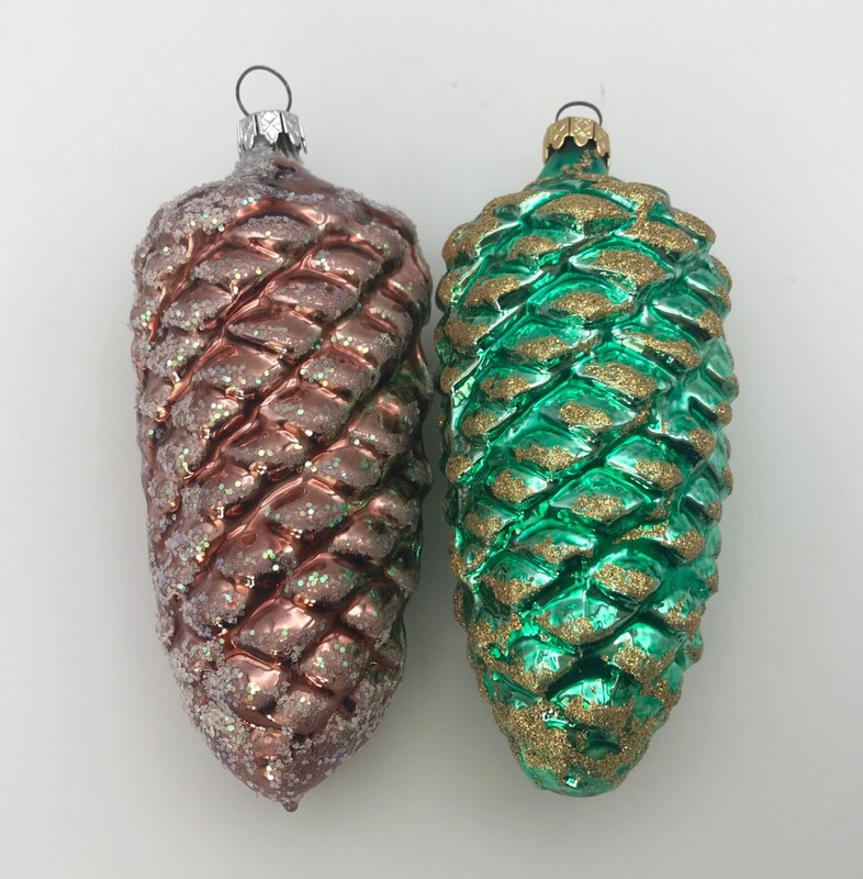 2 Vintage PINK & GREEN Glass 4” Frosted Pine Cone Ornaments WEST GERMANY