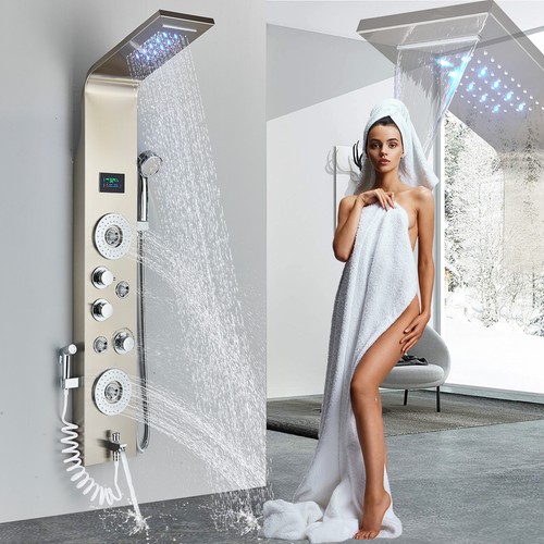 LED Shower Panel Tower Column Stainless steel Shower Mixer Twin Head Massage Jet - Picture 158 of 218