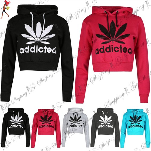 Women Ladies Addicted Long Sleeve Crop Top Hoodie Jumper Baggy Hooded Sweatshirt