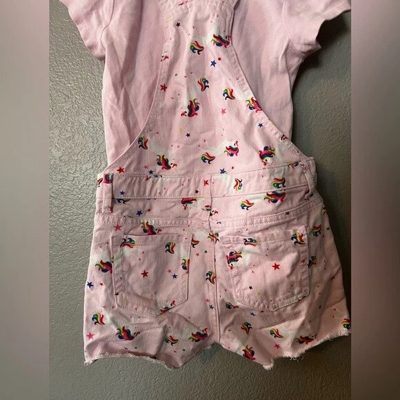 Girls Unicorn Print Overall Shorts with Pink Top - Image 4 of 4