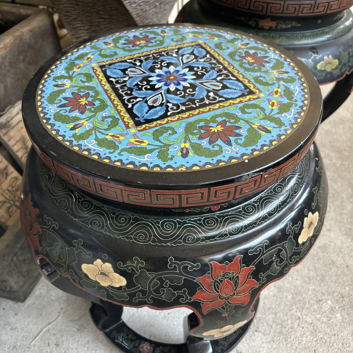 Vintage 1950's/1960's Chinoiserie Black Lacquer Garden Stool Vintage 1950's/1960's Chinoiserie Black Lacquer Garden Stool